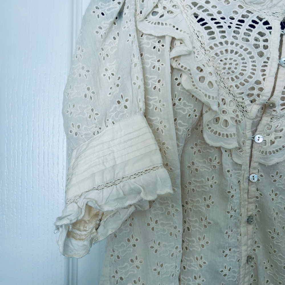 Women’s Eyelet Ruffle Button-Down Shirt — Cream - Picture 6 of 7